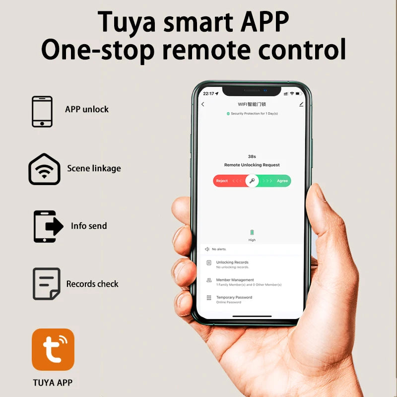 Tuya Wifi Electronic Smart Door Lock With Biometric Fingerprint / Smart Card / Password / Key Unlock/ USB Emergency Charge - Marino Express